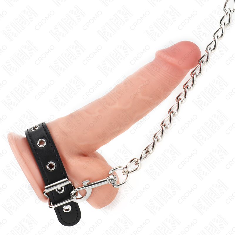 KINK - ANELLO PER PENE IN PELLE CON CINGHIA 21,5 X 2 CM E CATENA IN METALLO 60 CM - immagine 2