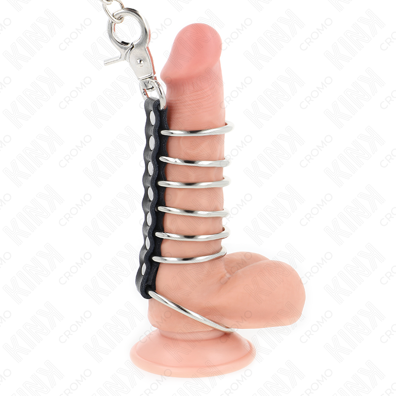 KINK - 7 ANELLI PER PENE IN METALLO DA 3,8 CM A 5 CM COLLEGATI CON PELLE E CATENA IN METALLO 100 CM - immagine 2